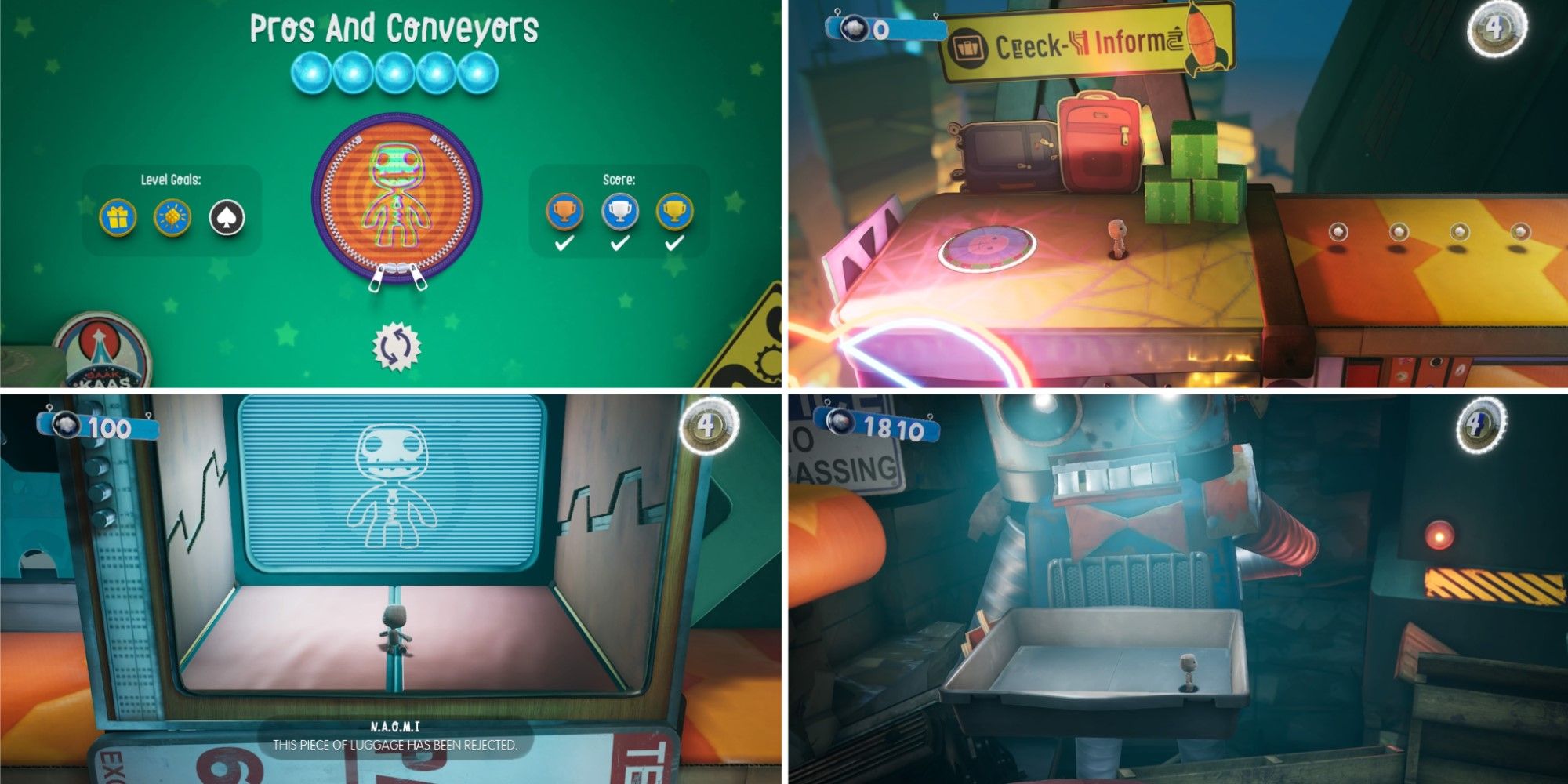 Four screenshots from the level Pros And Conveyors in Sackboy: A Big Adventure.