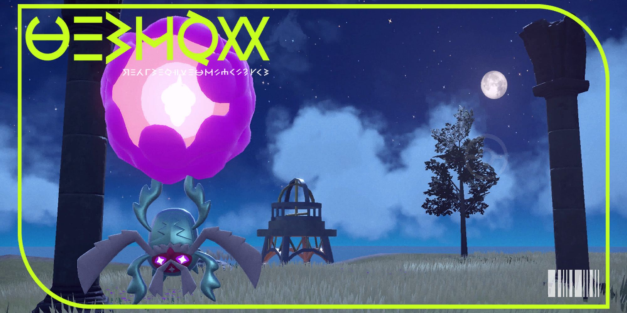 Rabsca in Scarlet Violet Pokedex floating at night over the plains to a serene background with a full moon