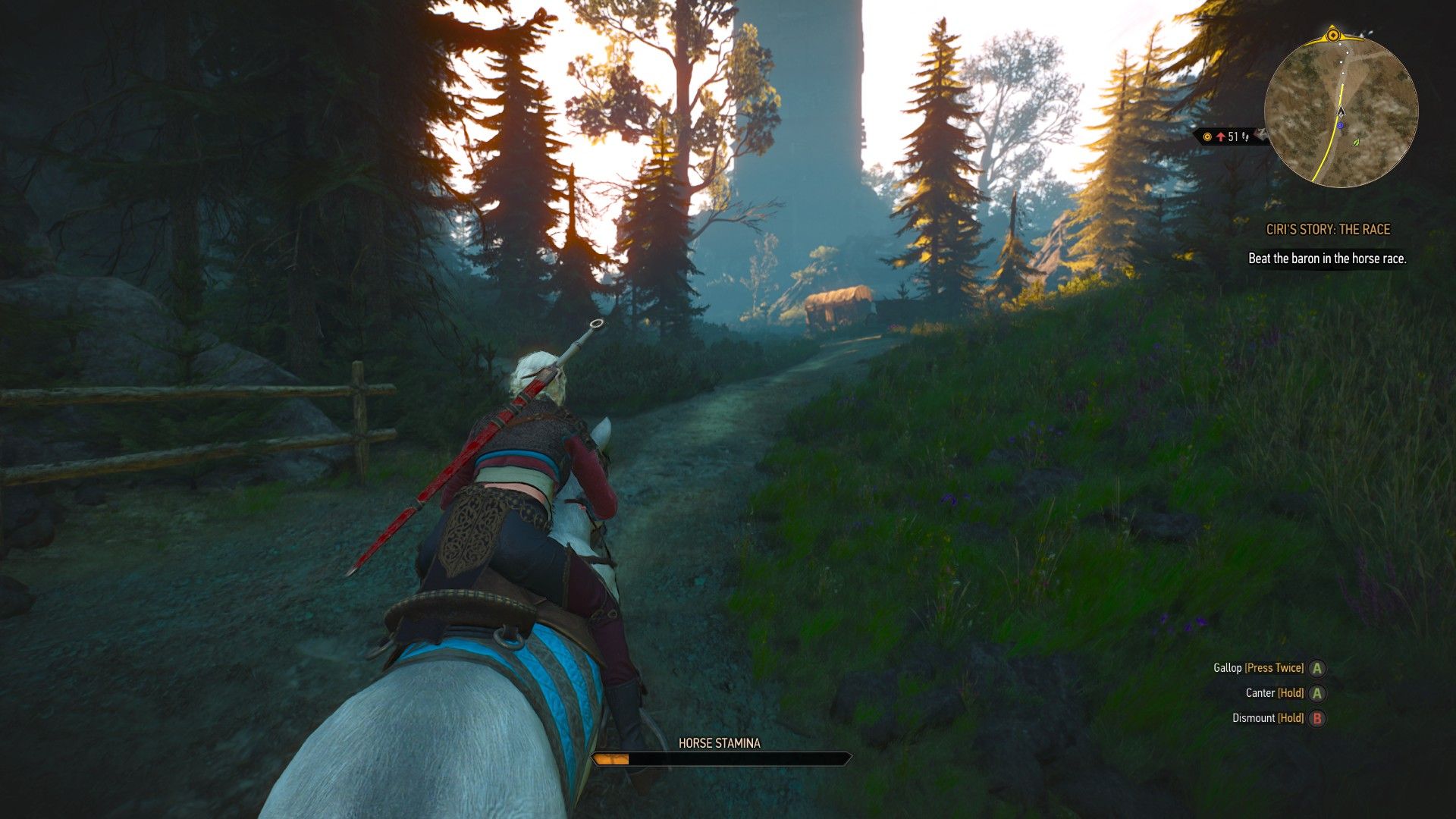 A screenshot of Ciri riding down a road with her horse's stamina almost depleted.