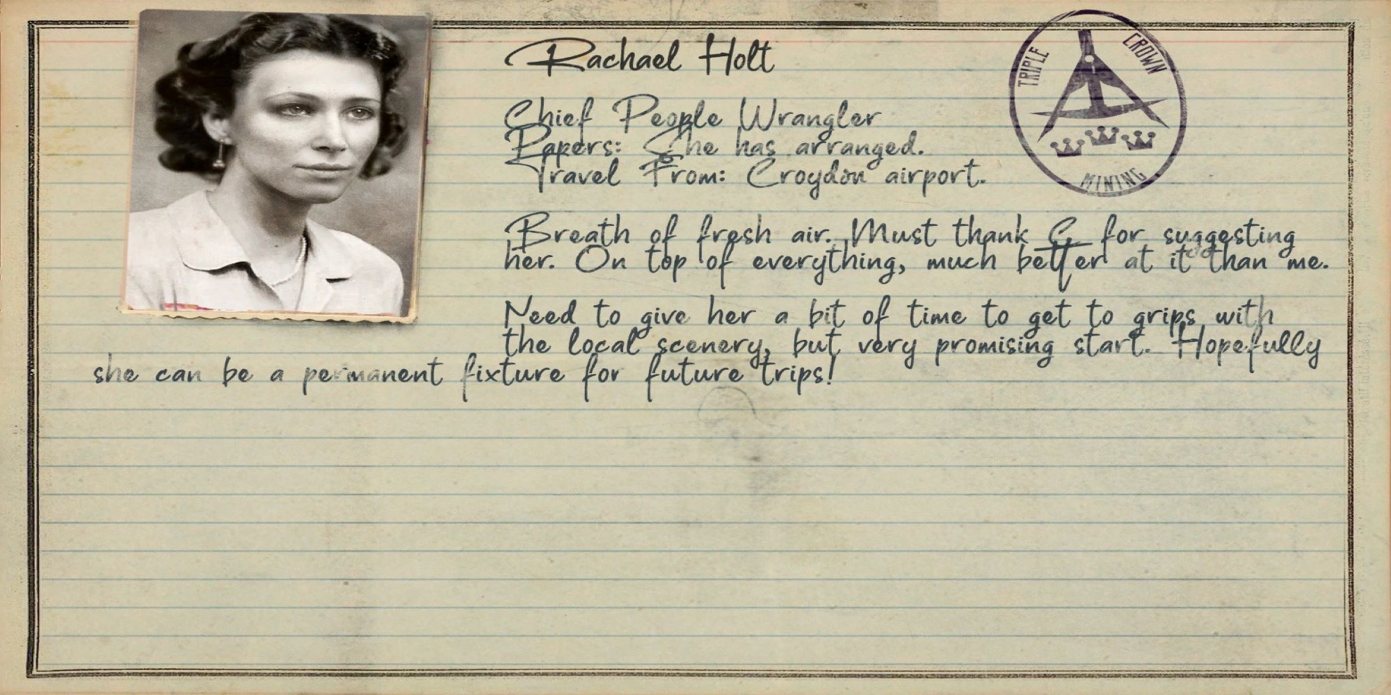 A screenshot of a dossier entry for Rachael Holt showing key information in Amnesia: Rebirth