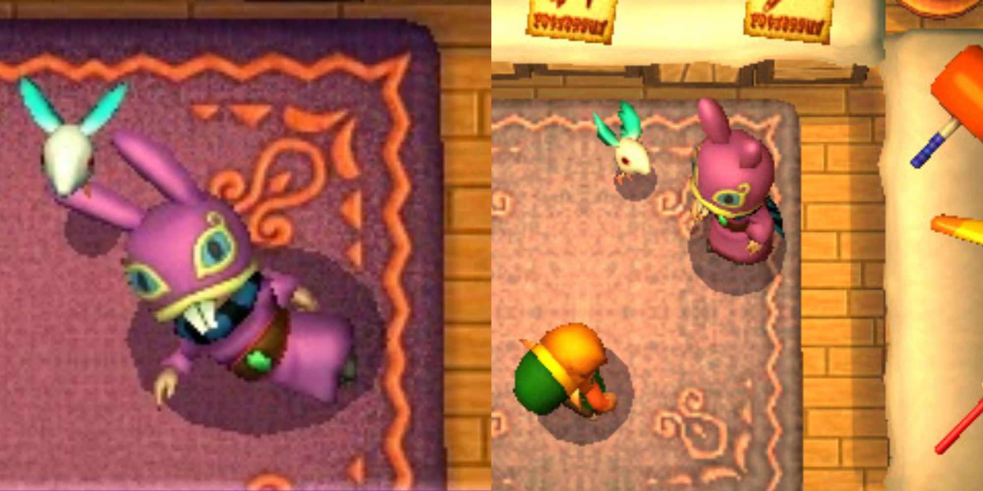 Split image screenshots of Ravio lying on his side and speaking to Link in his shop in A Link Between Worlds.