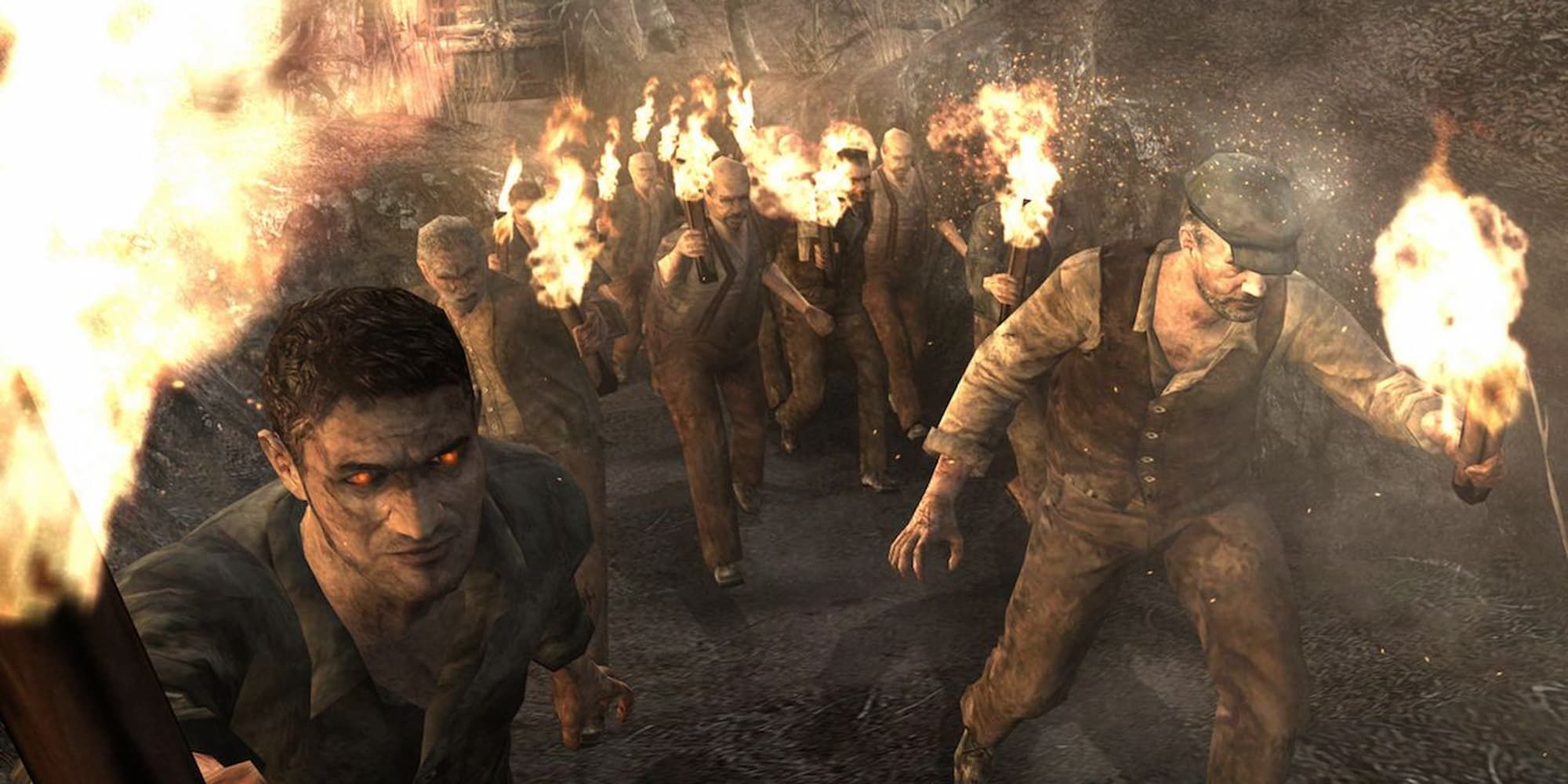 Infected villagers walk up a hill as a mob with torches in Resident Evil 4.