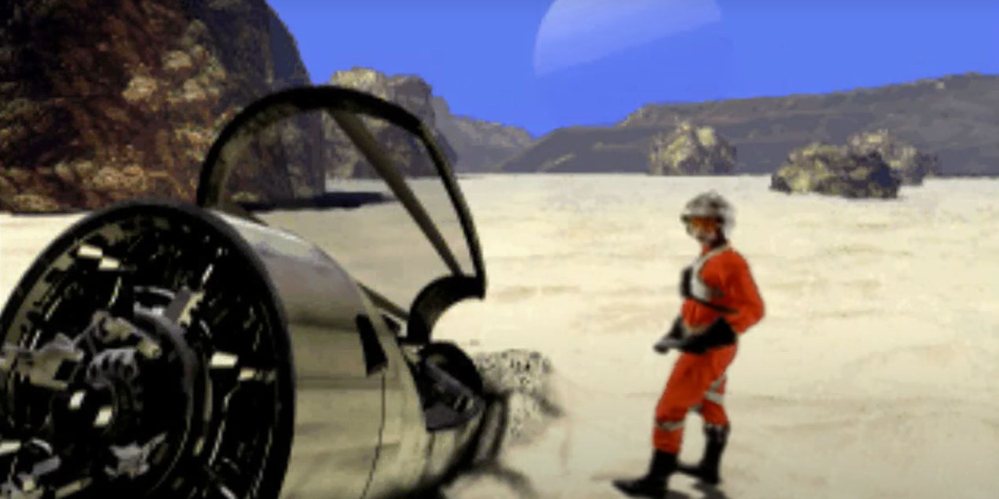 A crashed ship and rebel fighter in Star Wars: Rebel Assault 2