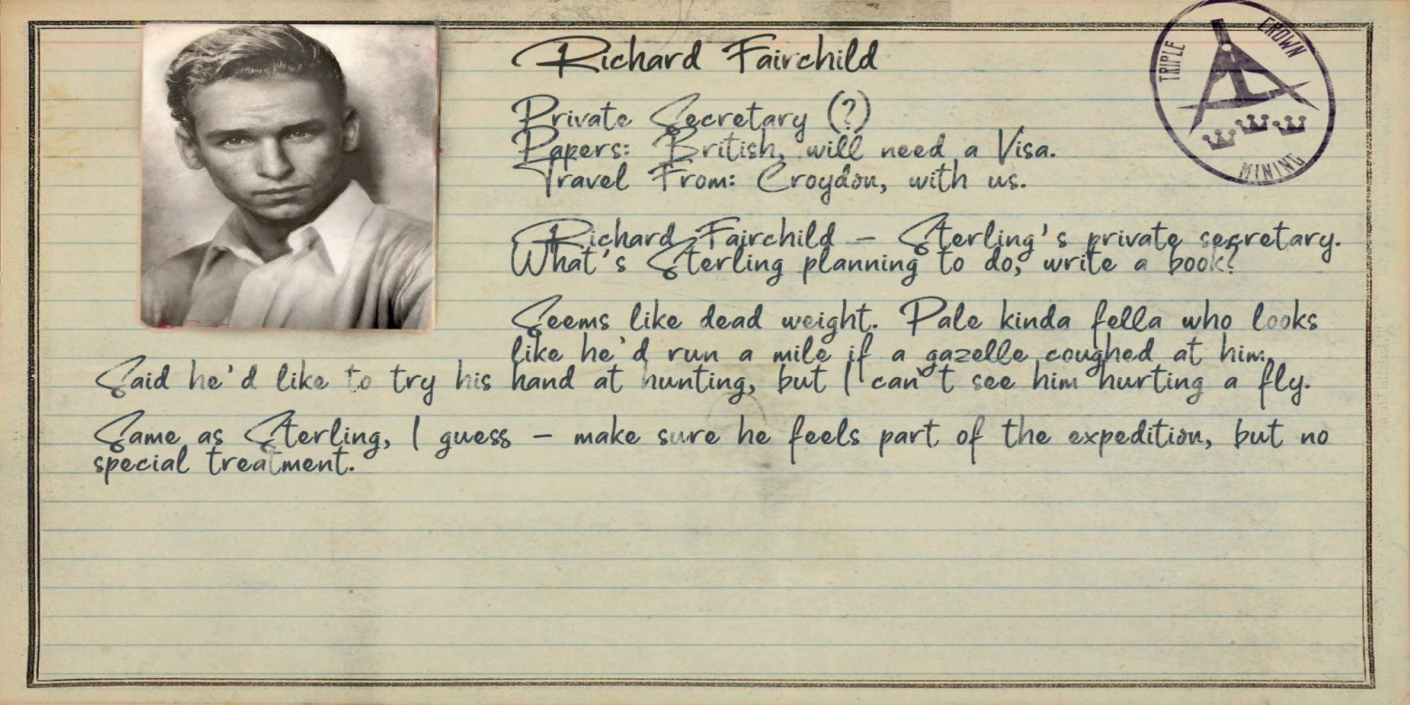 A screenshot of a dossier entry for Richard Fairchild showing key information in Amnesia: Rebirth