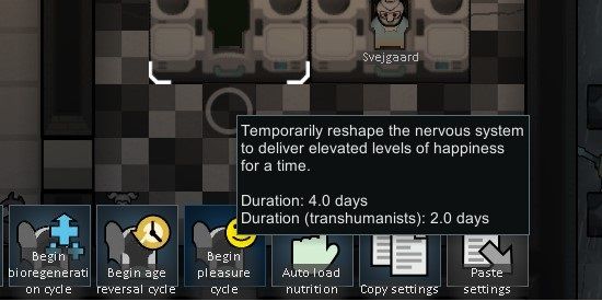 Rimworld Biosculpter Pod pleasure cycle example gui screenshot