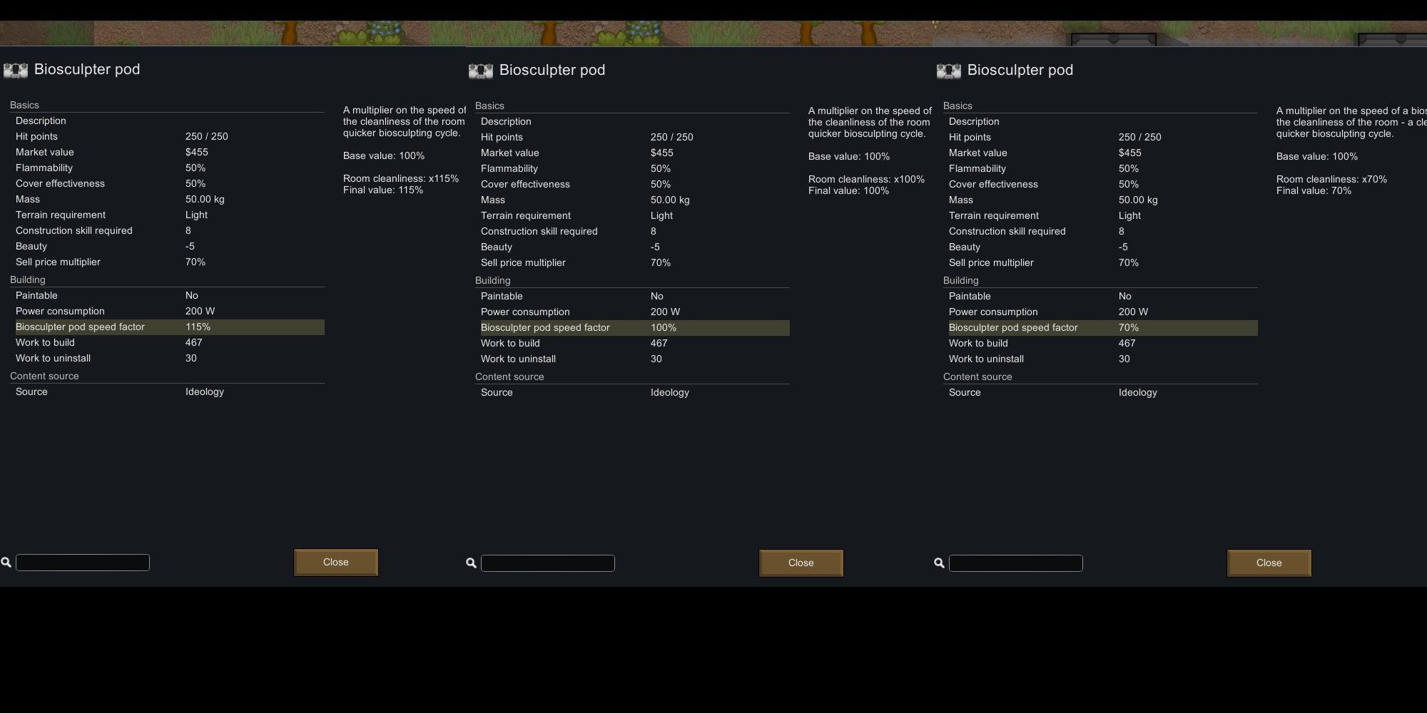 Rimworld Biosculpter Pod Room Cleanliness Factor menus side by side 