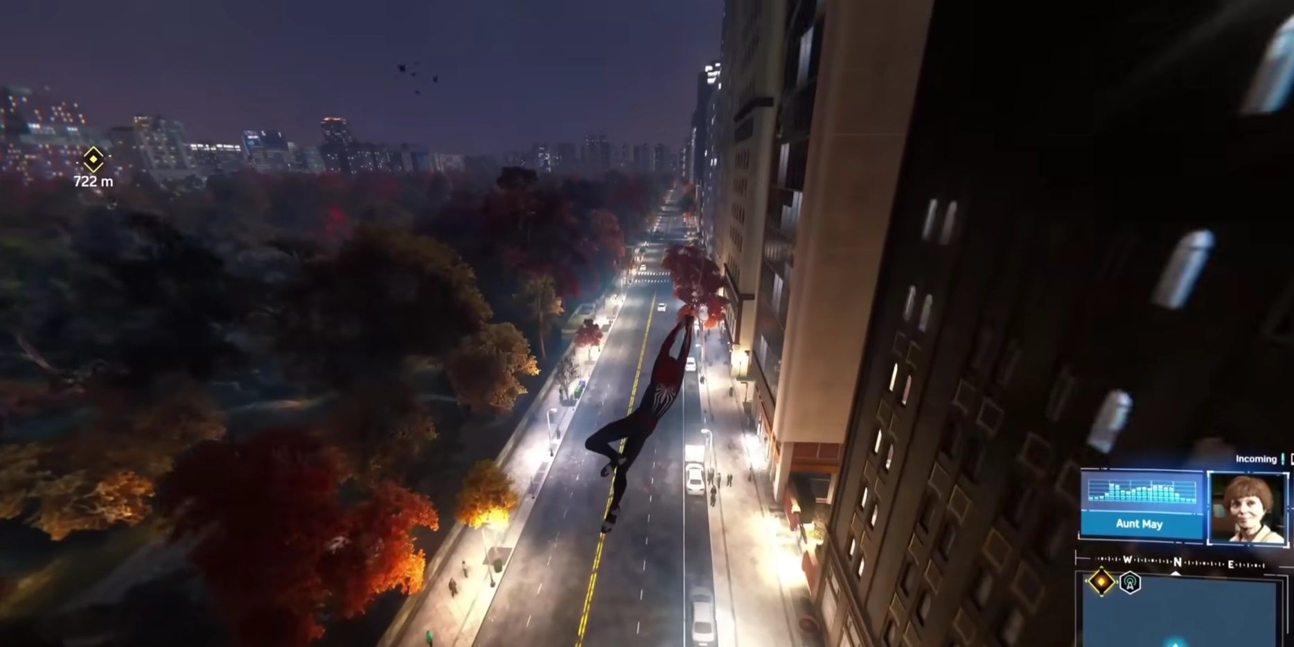 Peter Parker swinging around the city as he takes a call from Aunt May.