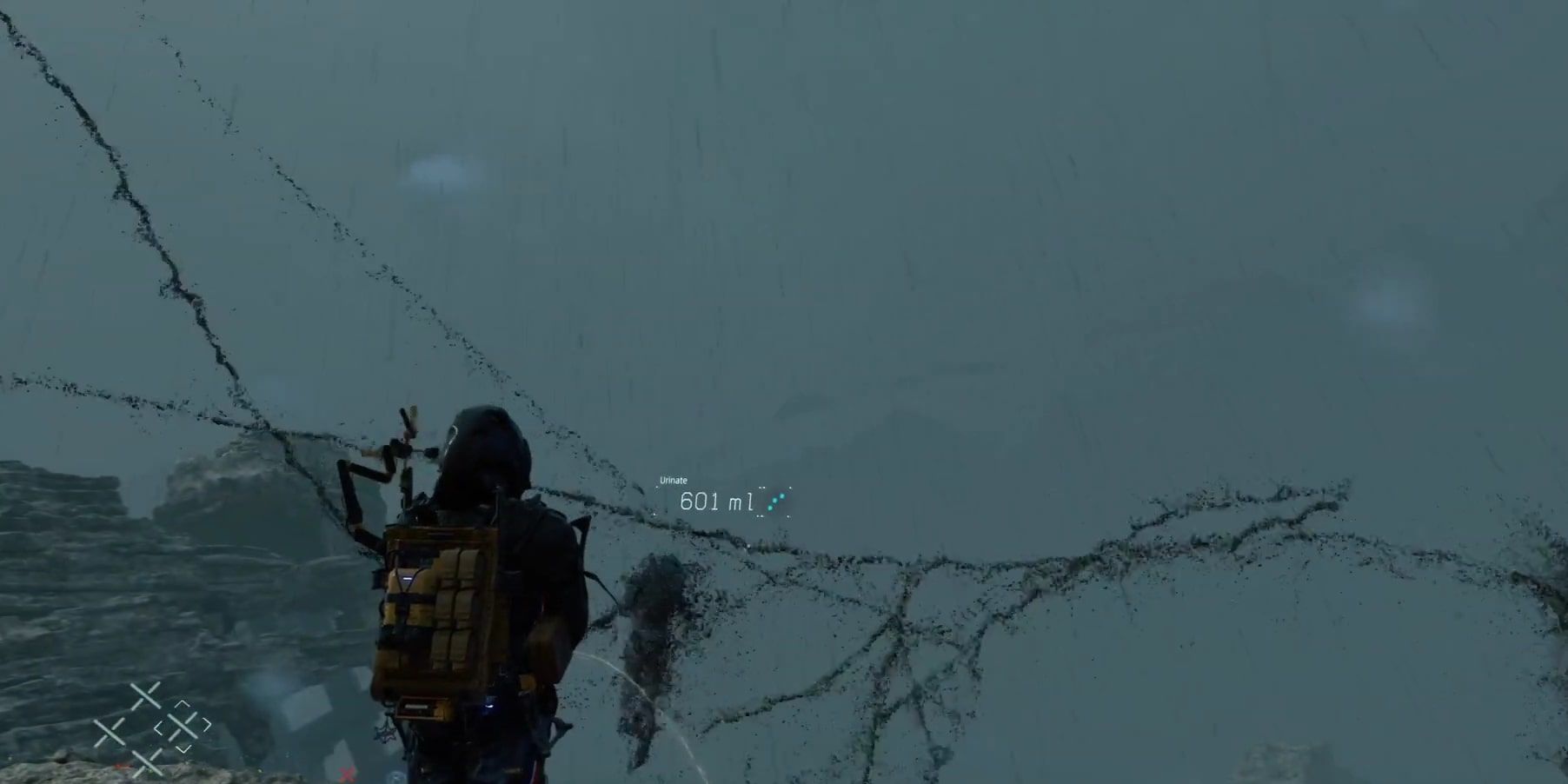 Sam urinating in the direction of a BT suspended in the air.