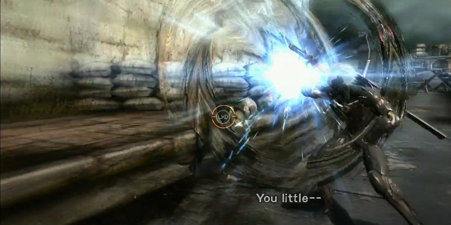 Raiden blocking an incoming attack from an enemy, which triggers a vortex and wave of blue lightning that briefly distorts the screen.