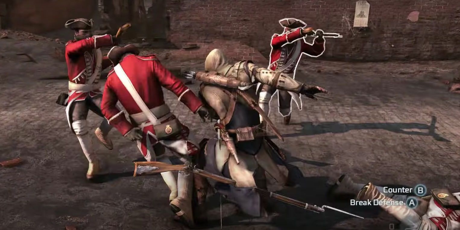 Connor picking off a wave of redcoats in Assassin's Creed 3 with a seamless sequence of animations.