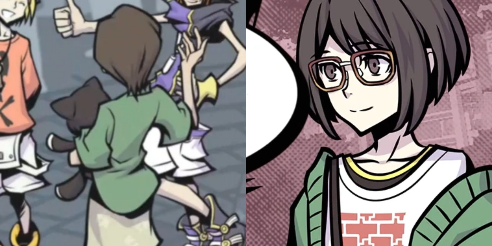 Split image screenshots of Shiki Misaki from behind and Shiki in NEO The World Ends With You.