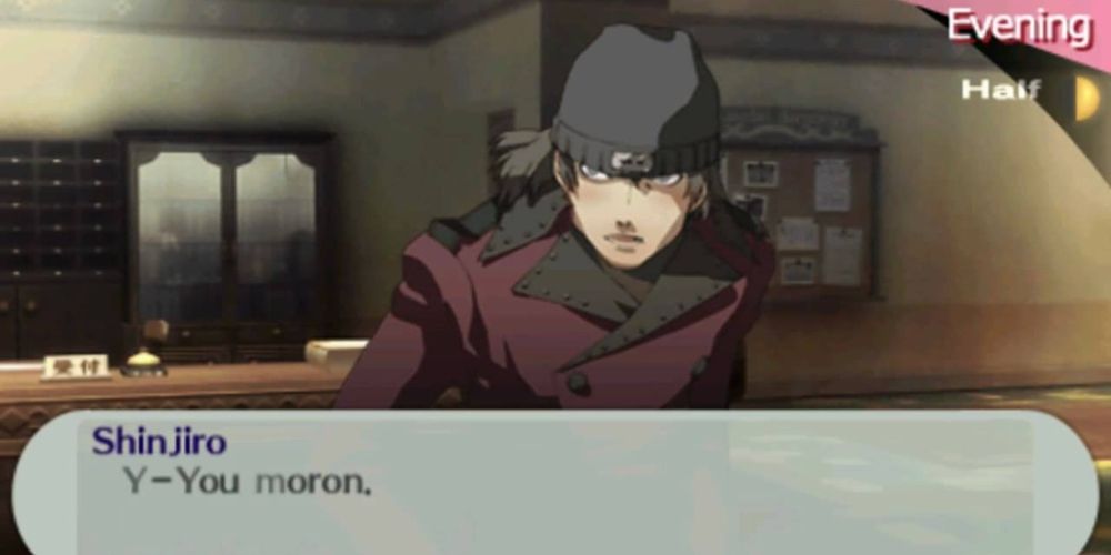 Shinjiro blushing and calling the female protagonist a moron in Persona 3 Portable