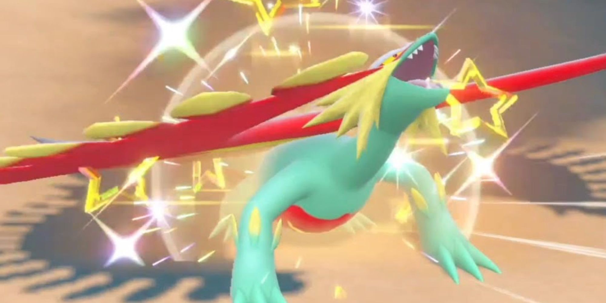 Roaring moon roars as shiny stars glitter around it in Pokemon Scarlet & Violet S&V.