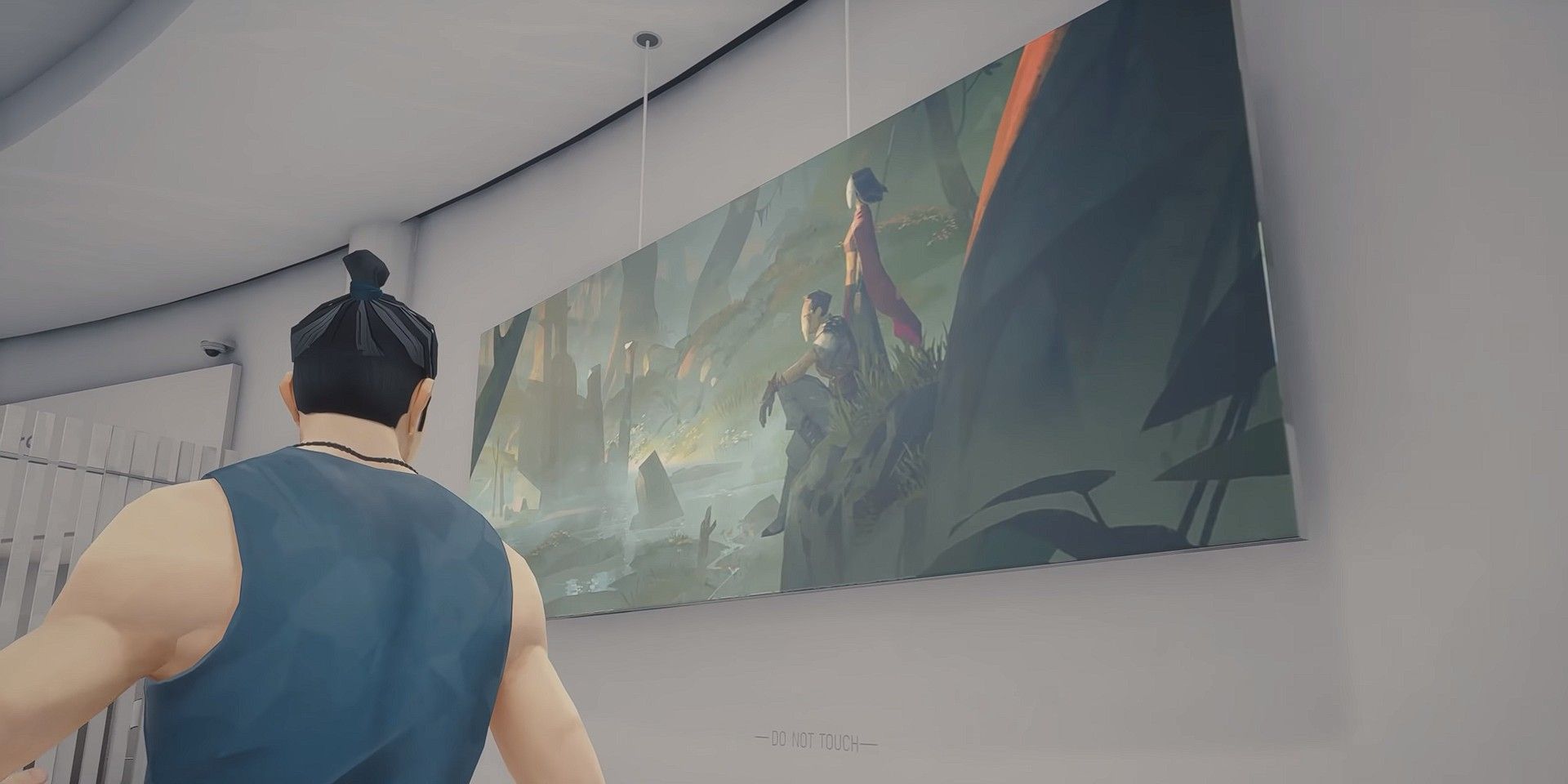 Sifu screenshot featuring the main character looking at an art piece from Absolver