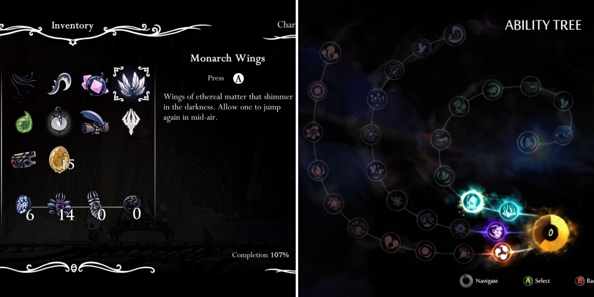 Screenshots showing power-ups in Hollow Knight and Ori and the Blind Forest.