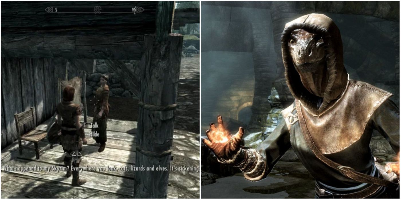 Collage of player interacting with Hilde MPC and an Argonian mage in Skyrim