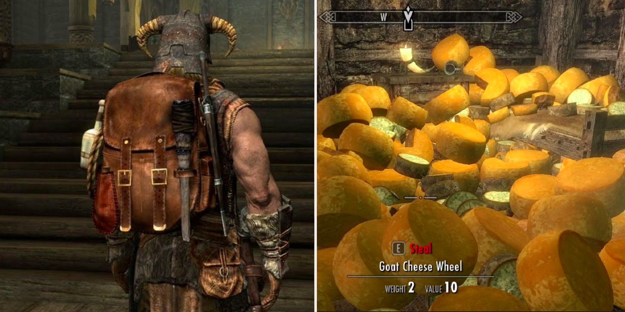 Skyrim - Dovahkiin with a backpack and a room full of cheese