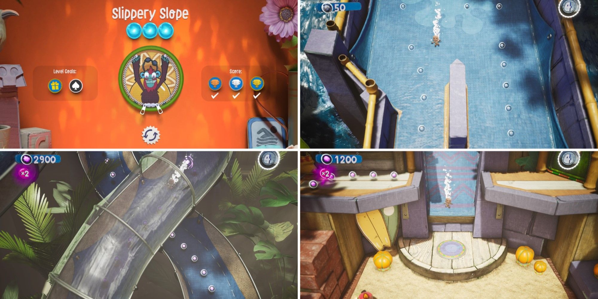 Four screenshots from the level Slippery Slope in Sackboy: A Big Adventure.
