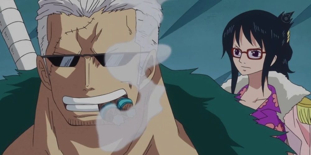 Smoker smoking a cigar with Tashigi in the background in the One Piece anime
