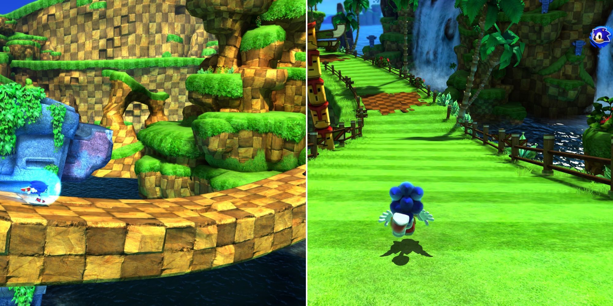 Sonic Generations - Sonic side scrolling perspective through a grassy level - Sonic with the camera behind him as he progresses through a level