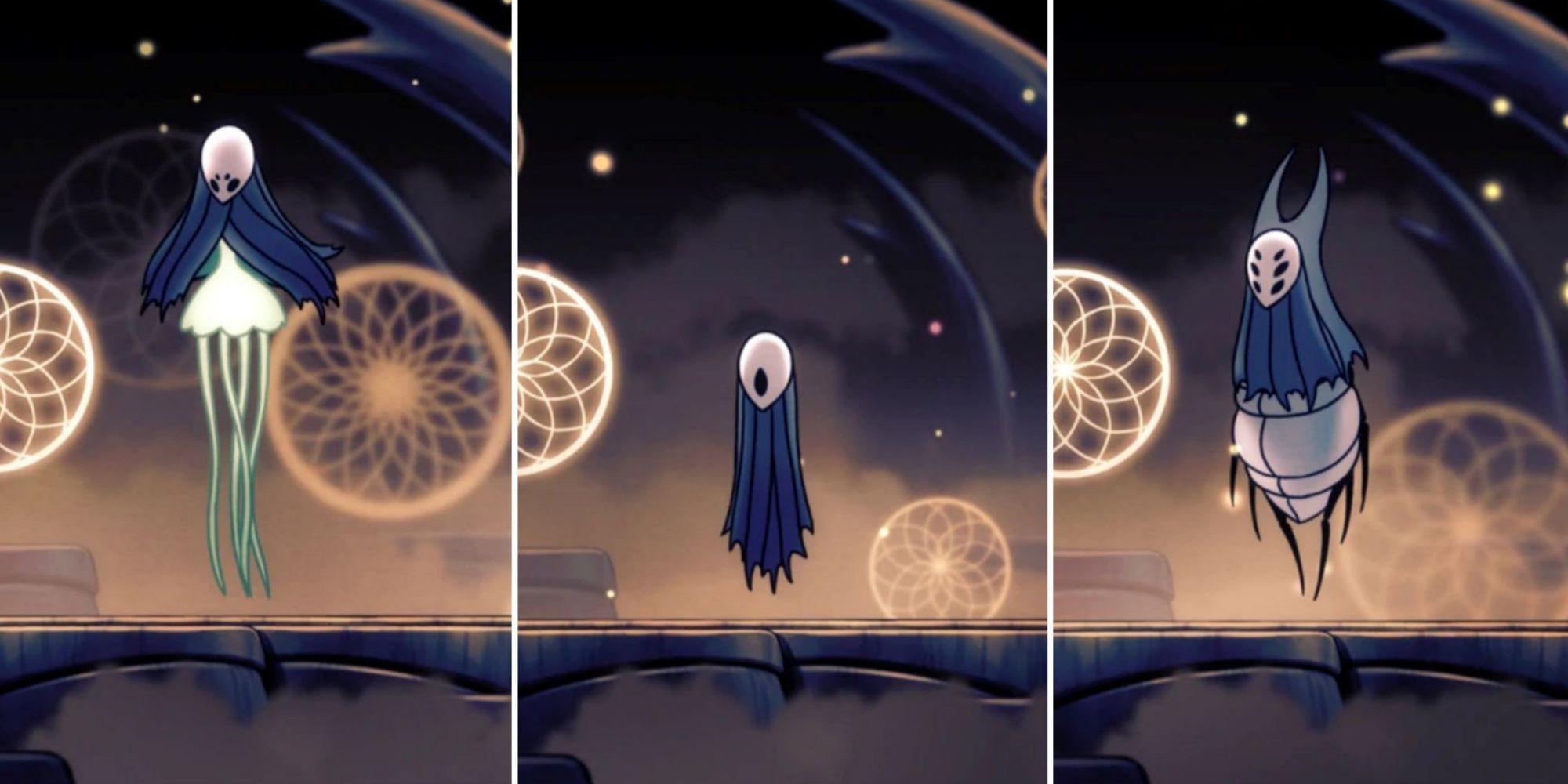 Split image screenshots of Monomon the Teacher, Lurien the Watcher and Herrah the Beast in Hollow Knight.
