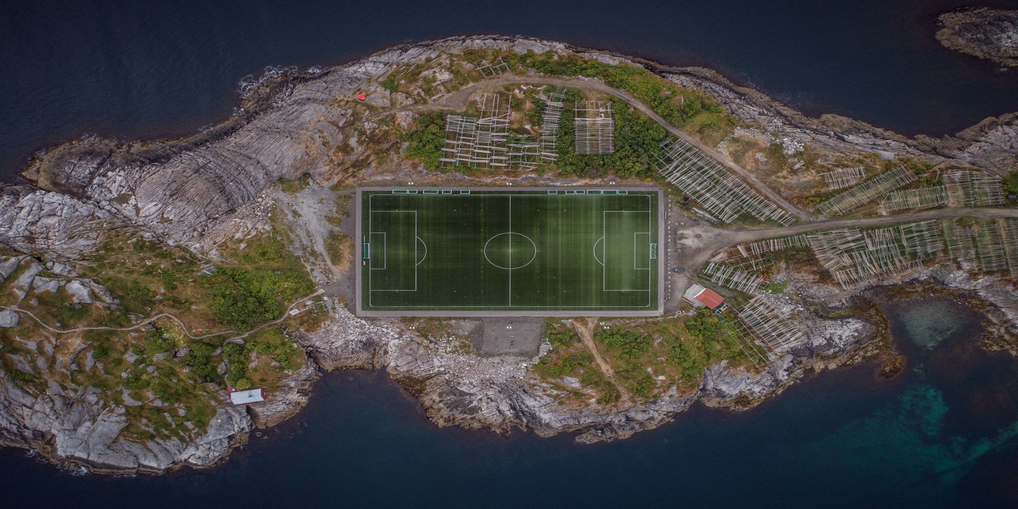 Aerial photograph of a large landmass dedicated to a sports arena.