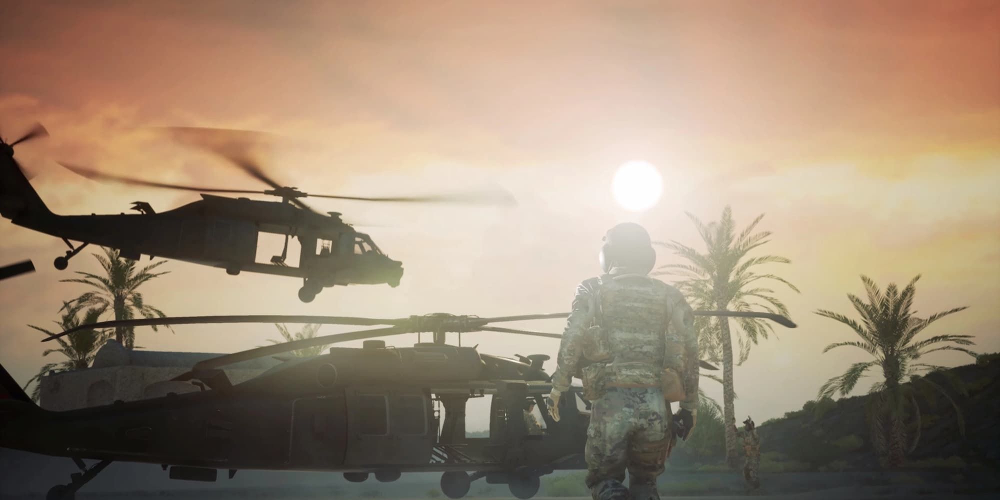 A soldier walks toward two helicopters taking off with the sun behind them in Squad.