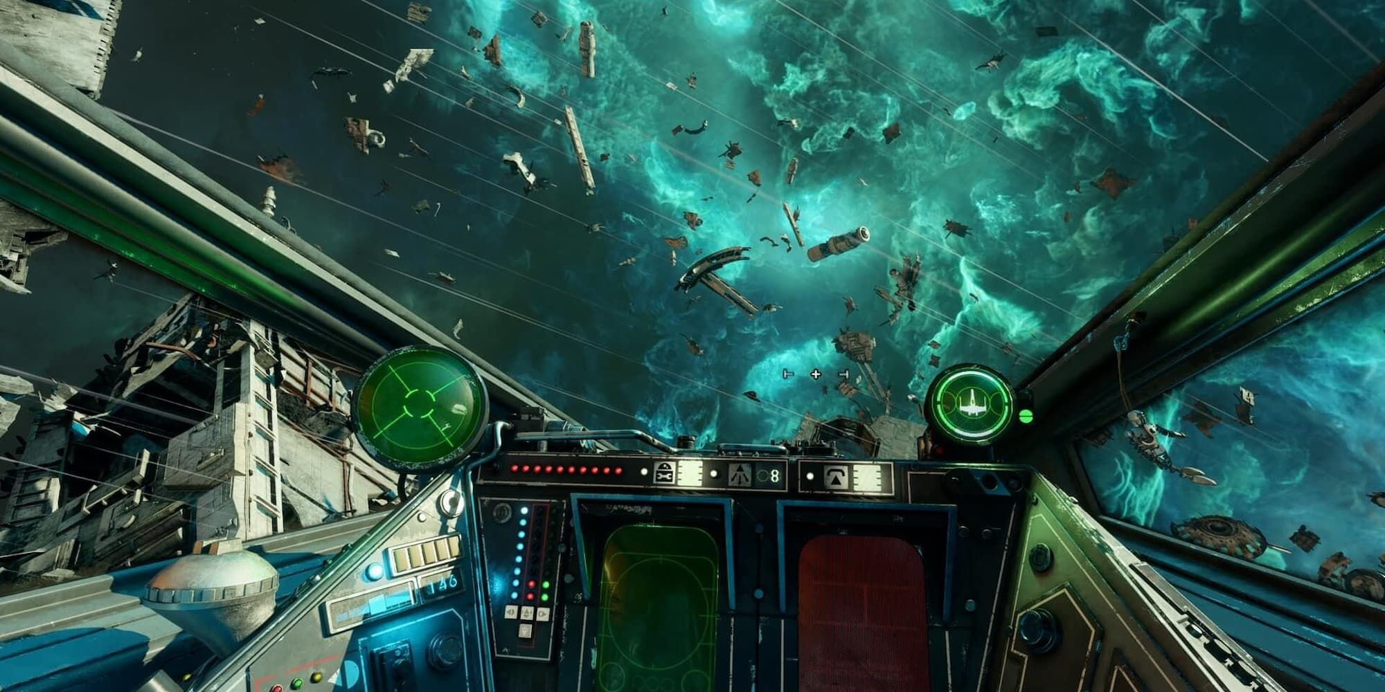 A view from a starfighter's cockpit in Star Wars: Squadrons shows debris floating by from a destroyed spacecraft.