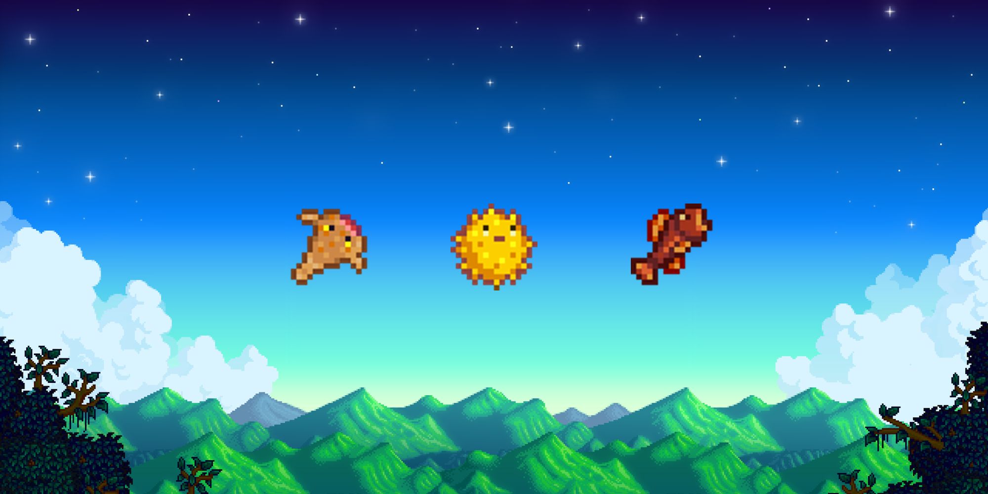 sandfish, pufferfish, and woodskip on mountain background