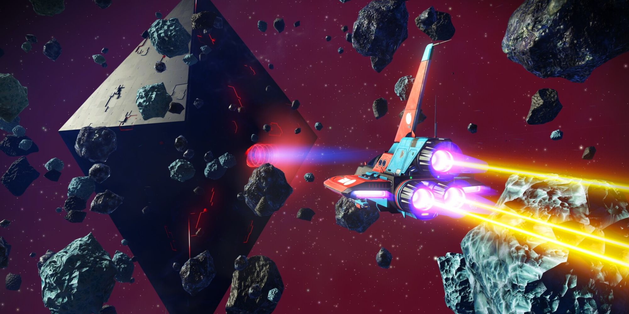 Starship outside an Atlus interface surrounded by asteroids in No Man's Sky