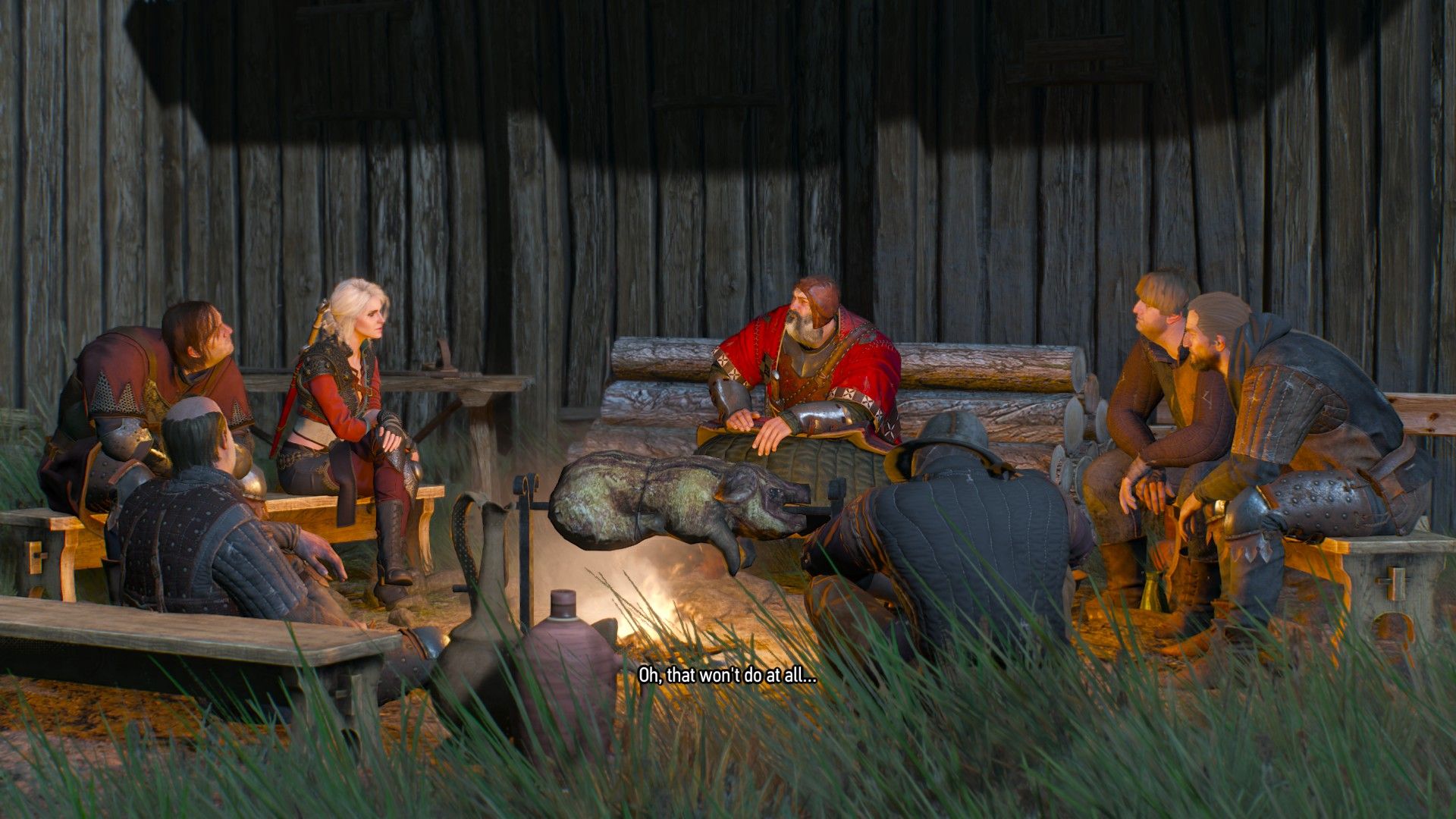 A group of men chat with Ciri with a boar roasting on an open fire.