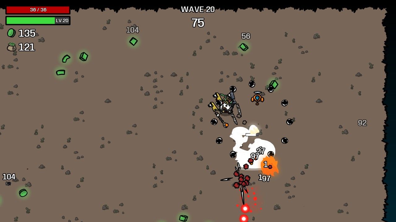 The player uses precise weapons to fight a boss in Brotato.