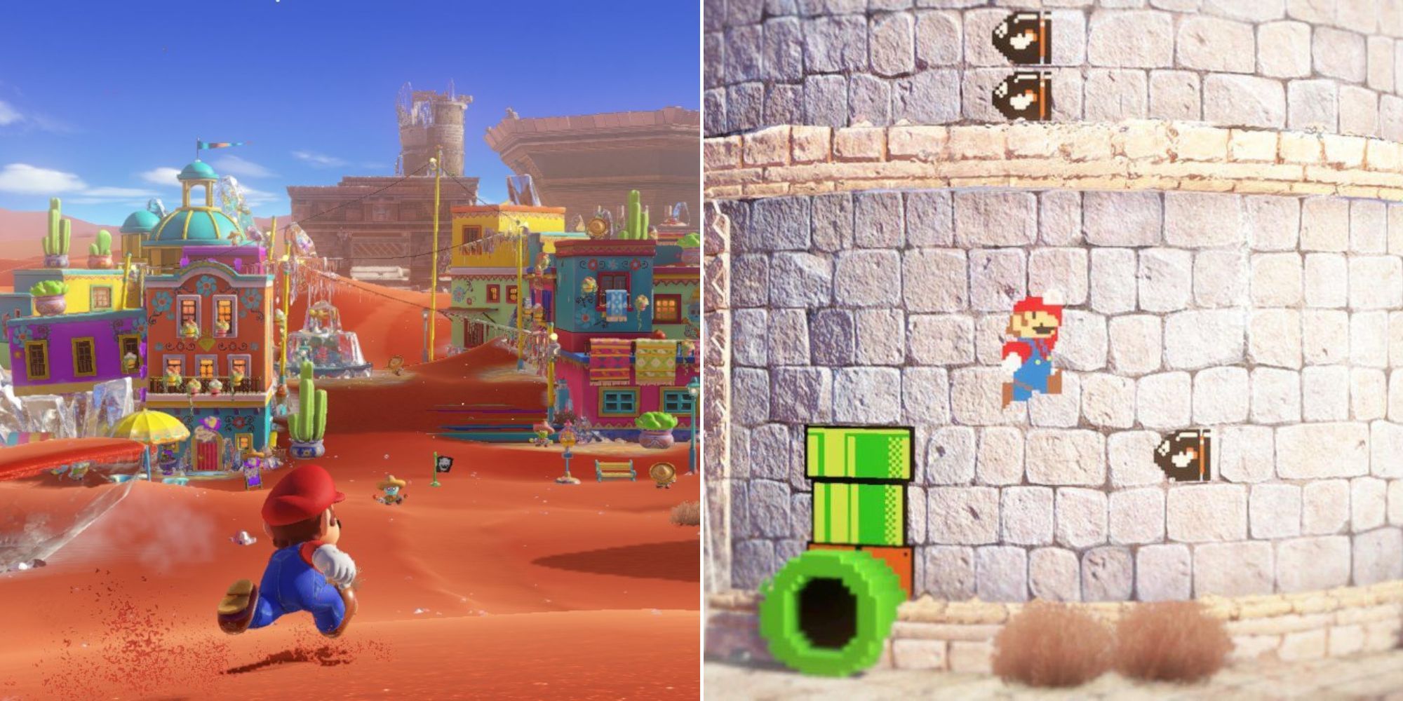 Super Mario Odyssey - Mario Reaching The Desert Level - Mario In 2D On A Wall