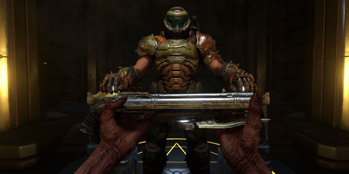 Super Shotgun in Doom Eternal in the hands of th player in front of a character