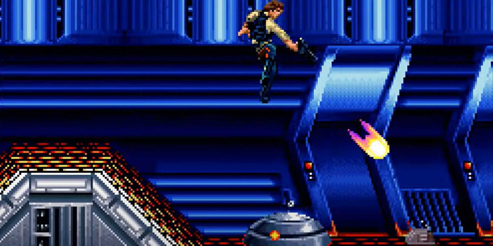 Han Solo fires a blaster downwards in Super Star Wars