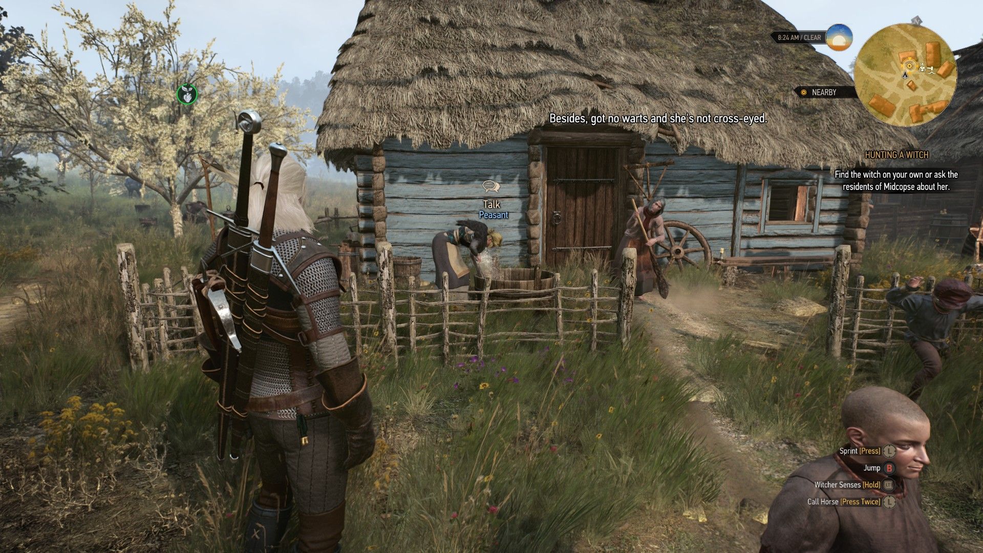 A screenshot of Geralt standing outside a woman's house while she sweeps the floor.
