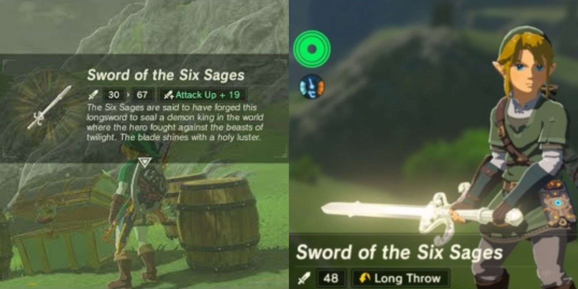 Split image screenshots of obtaining the Sword of the Six Sages and Link holding the Sword of the Six Sages in Breath of the Wild.