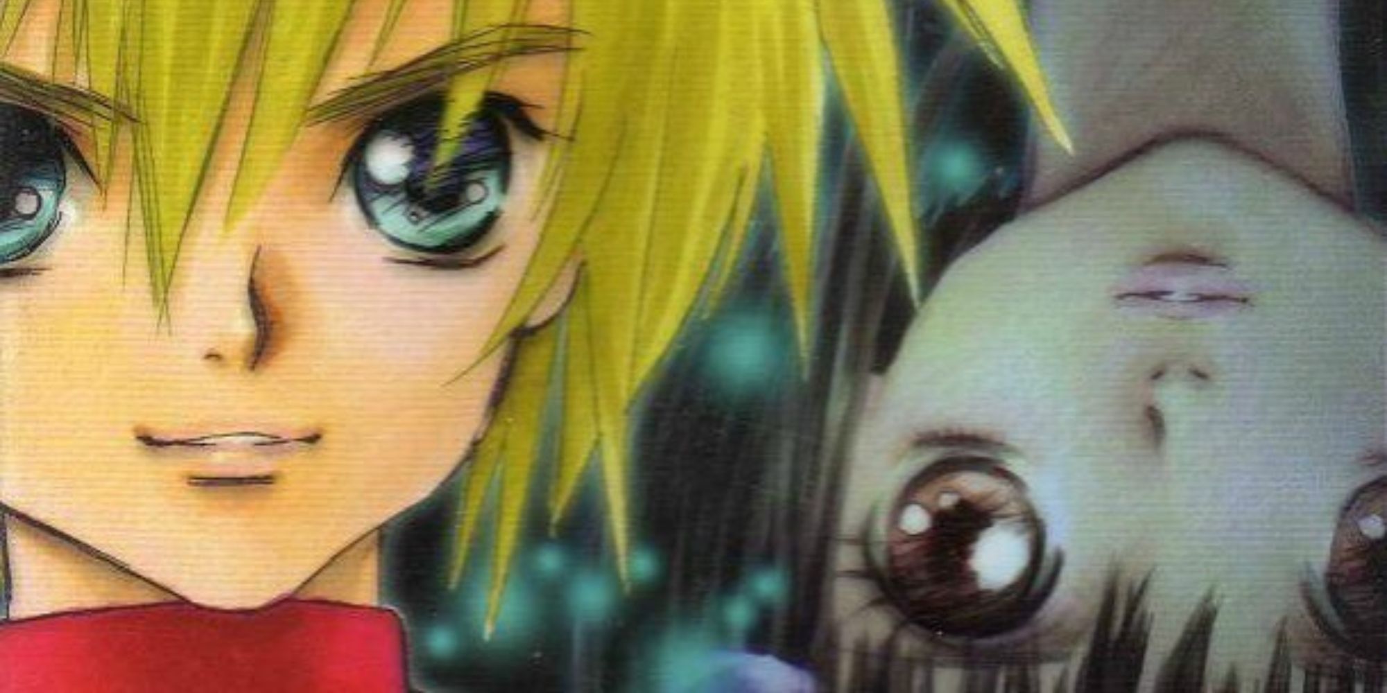 An image of Kyle from Tales Of Destiny 2, with another character upside-down in the background.