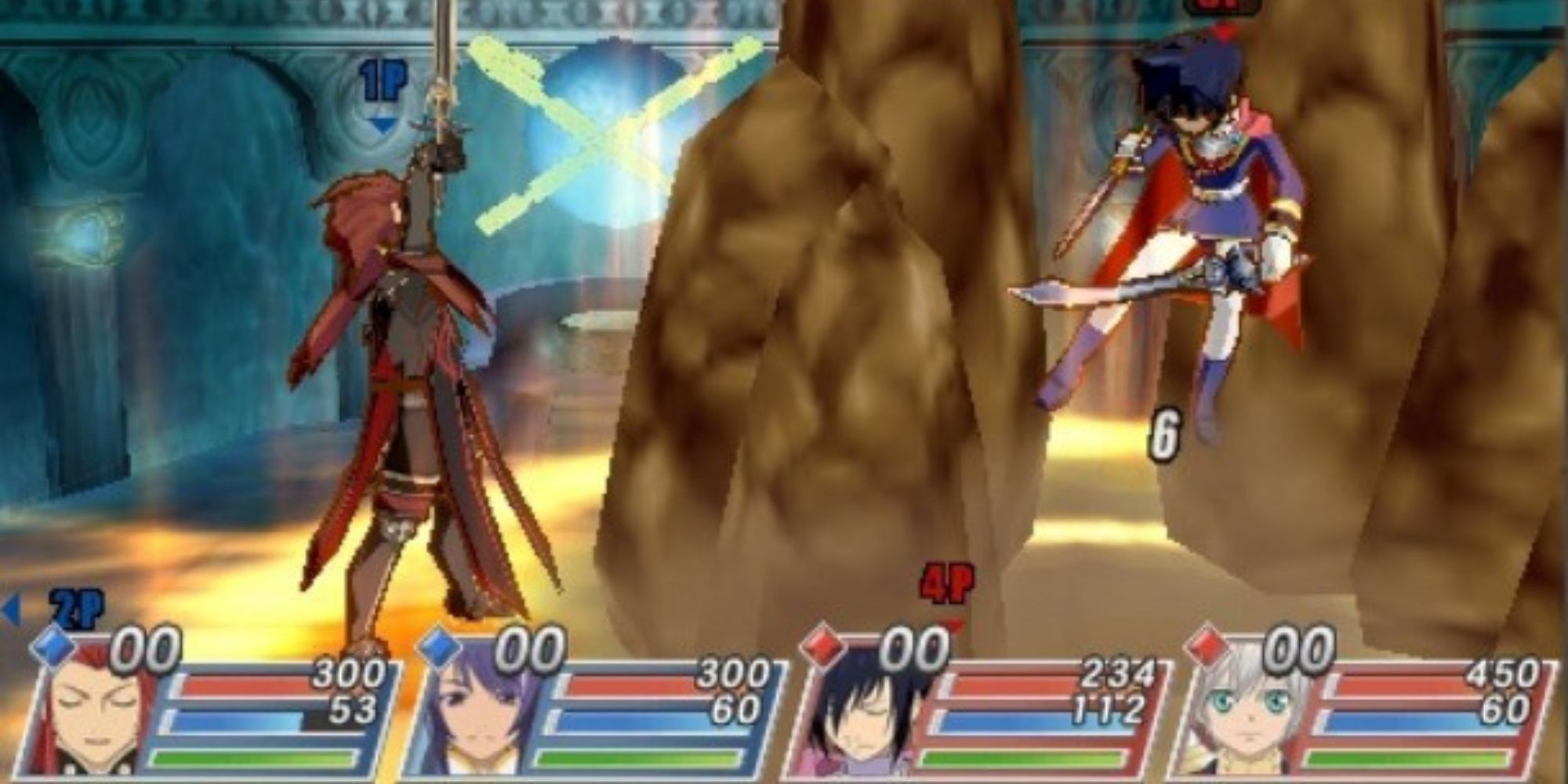 An battle taking place in Tales Of Vs, showing a player character being struck by an enemy in a cave-like environment.
