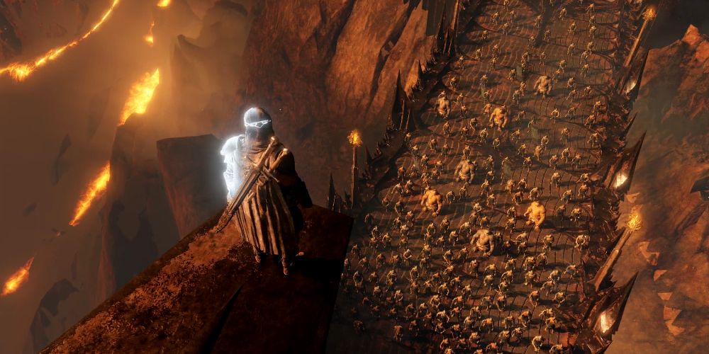 Talion stands at the top of a look-out point, with his orc army assembled below.