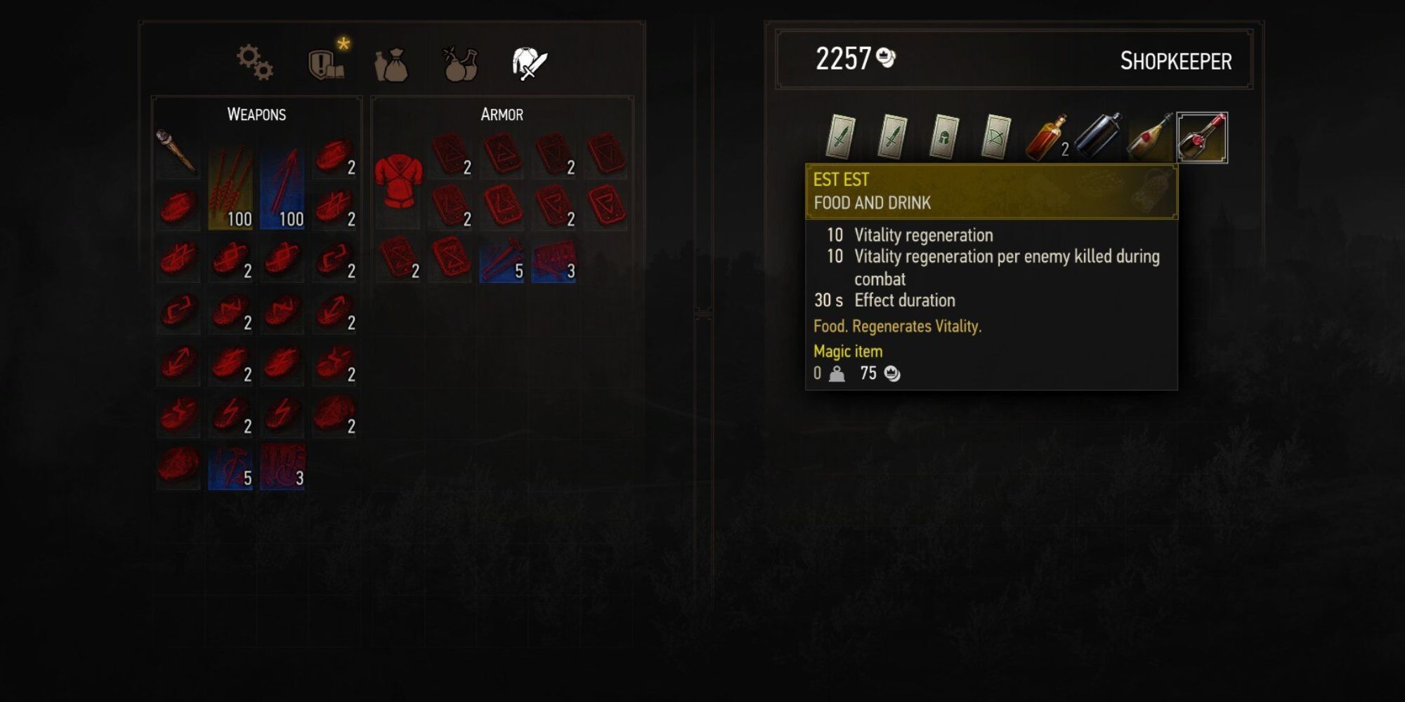 Shopkeeper screen showing Gwent cards and alcohol you can purchase.