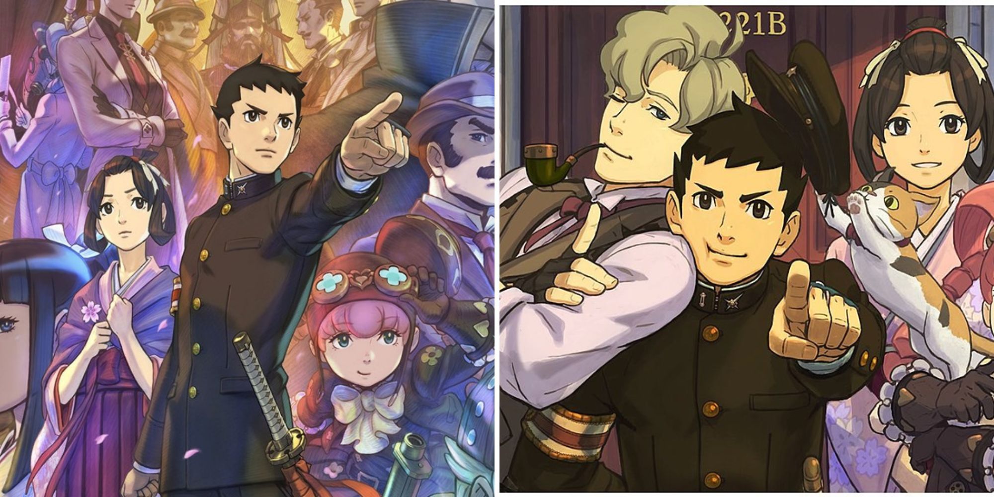 Ryunosuke Naruhodo points ahead, Sherlock Holmes leans against Ryunosuke Naruhodo