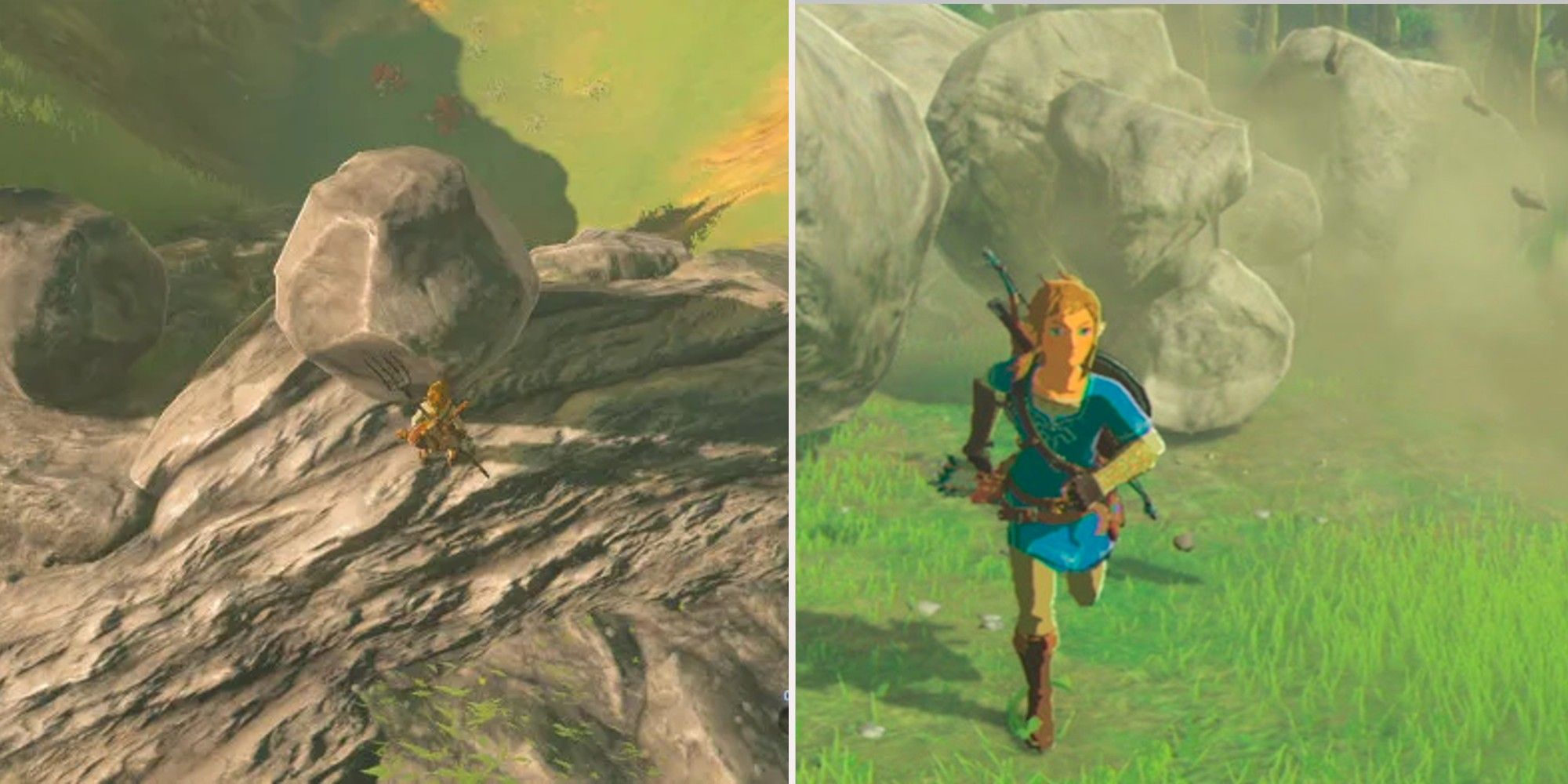 The Legend of Zelda Breath of the Wild - Link Pushing a boulder down a cliff and Link running away from boulders