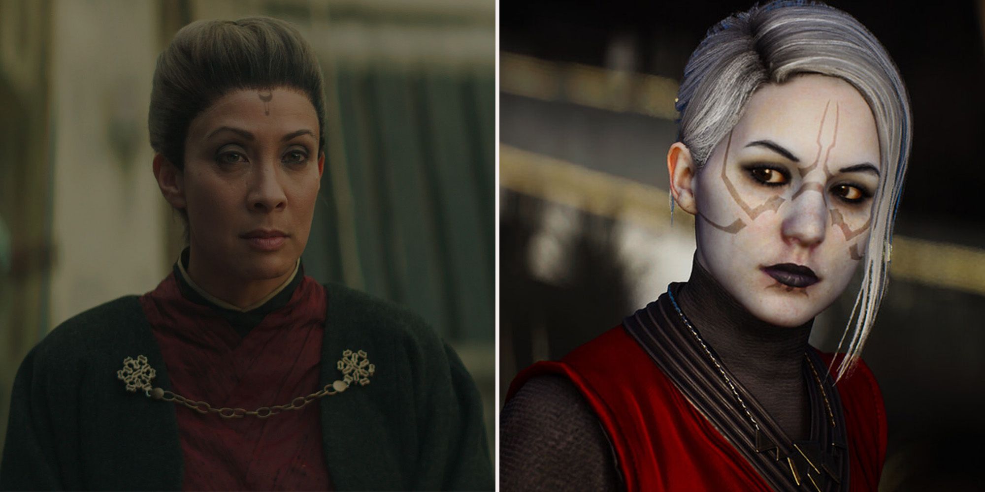The Magistrate from Mandolorain, wearing a red dress and gold jewlry, and Merrin, the Night sister from Jedi Fallen Order, with whit skin, Tattoos and similar red outfit