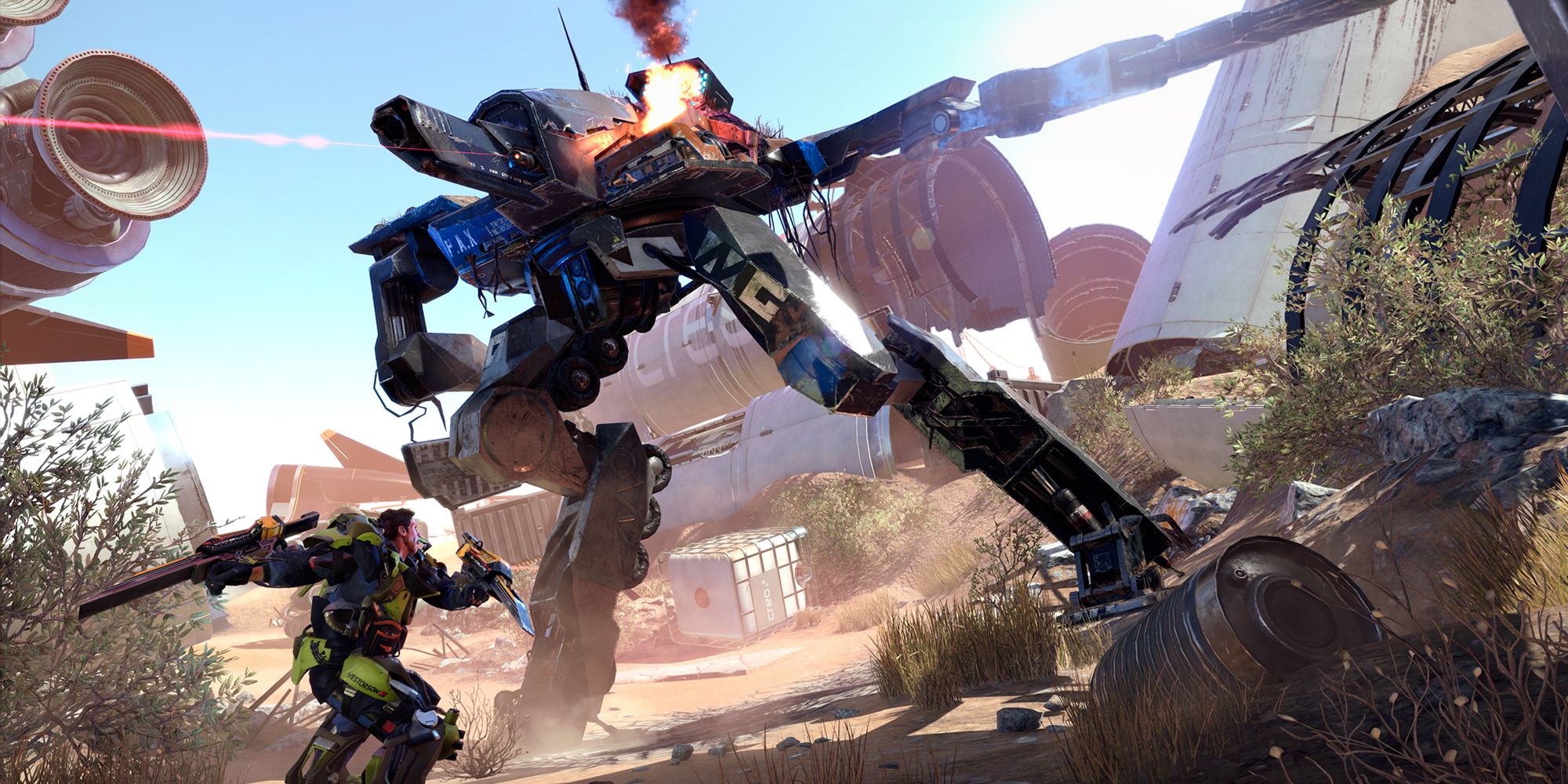 The hero attacks a giant mech in The Surge