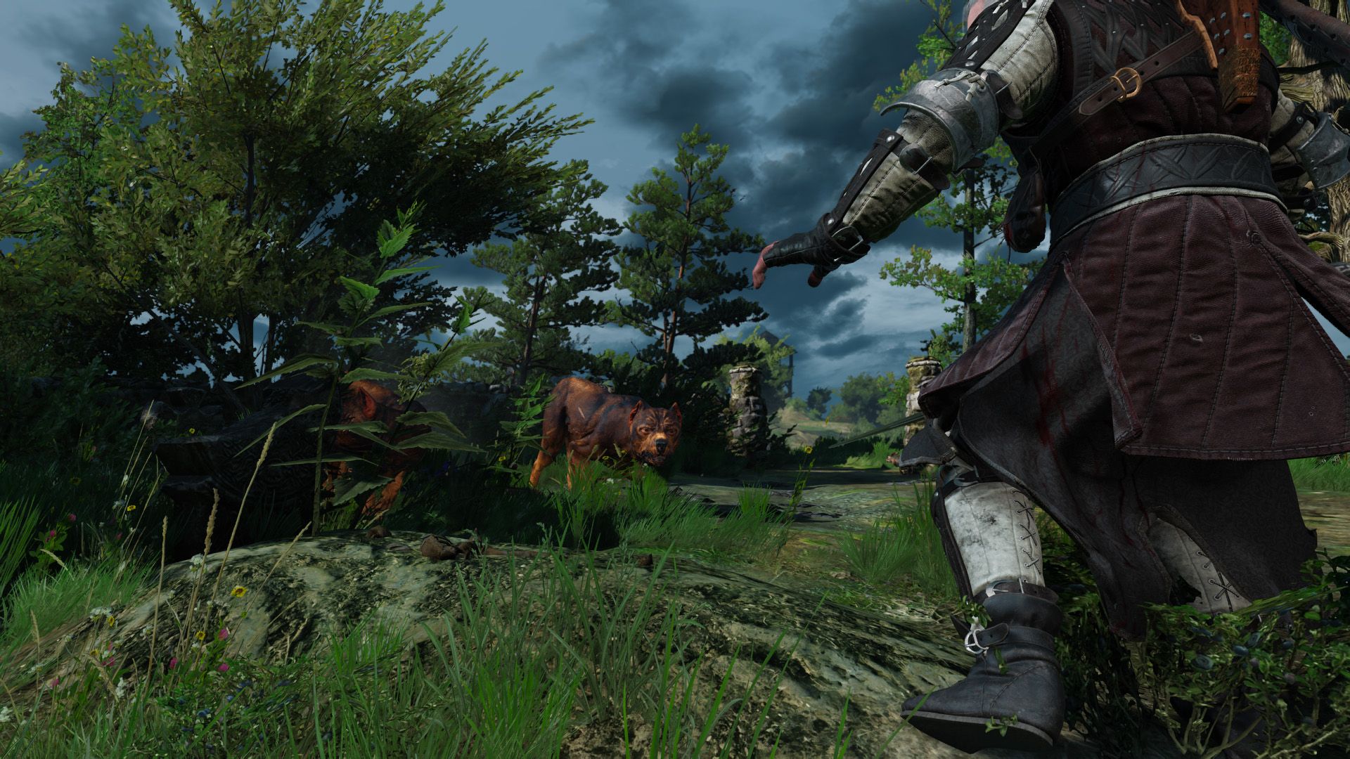 Geralt backs away from a pack of wild dogs in an overgrown cemetery on an overcast day.