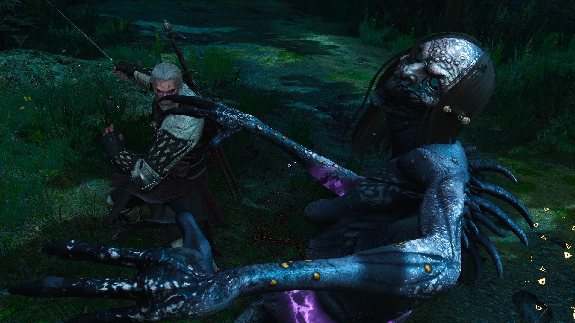 Geralt cuts at a grave hag at night as magical energies swirl around the two of them.