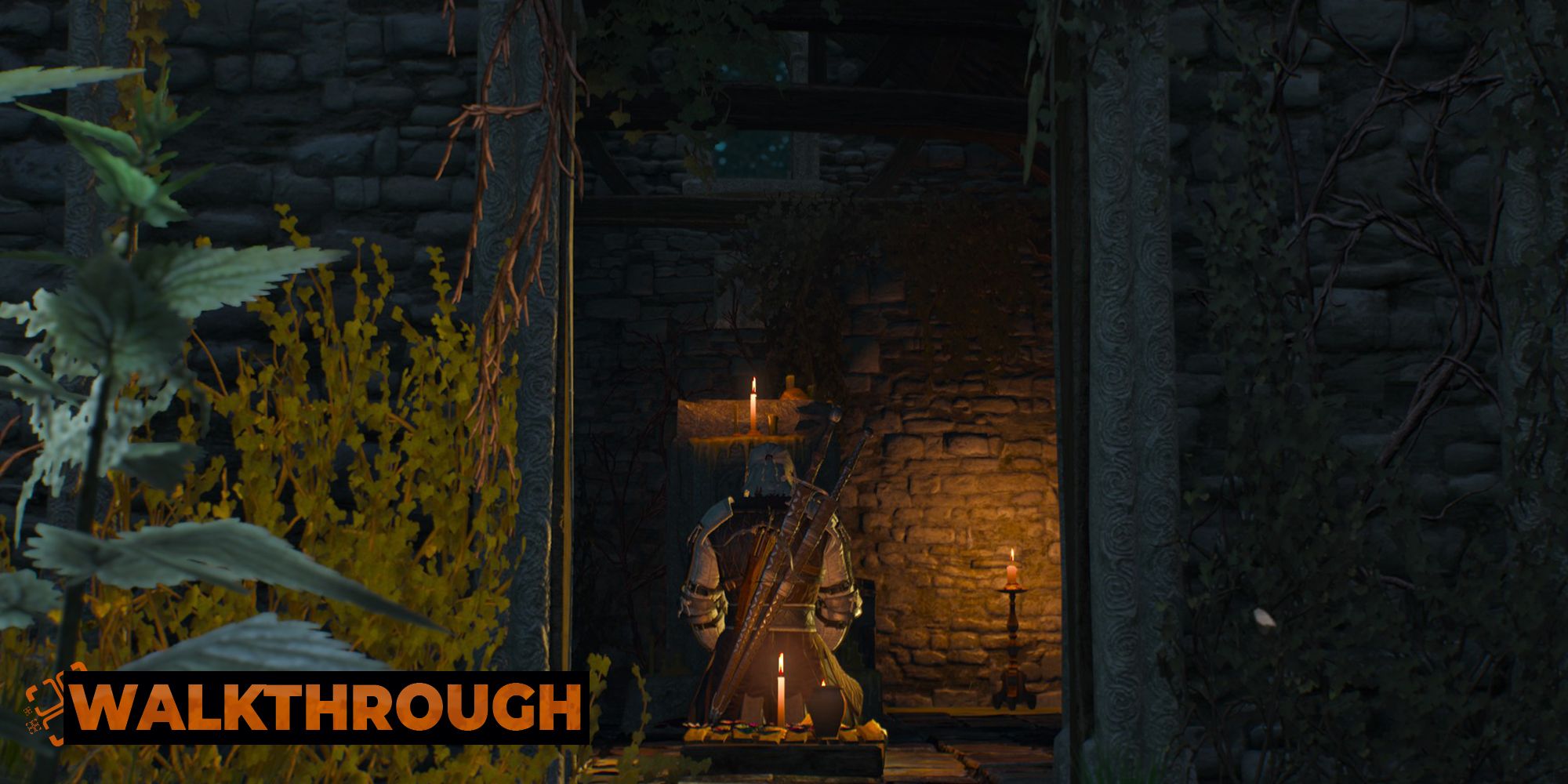 Geralt kneels inside a chapel, illuminated by the glow of several candles.