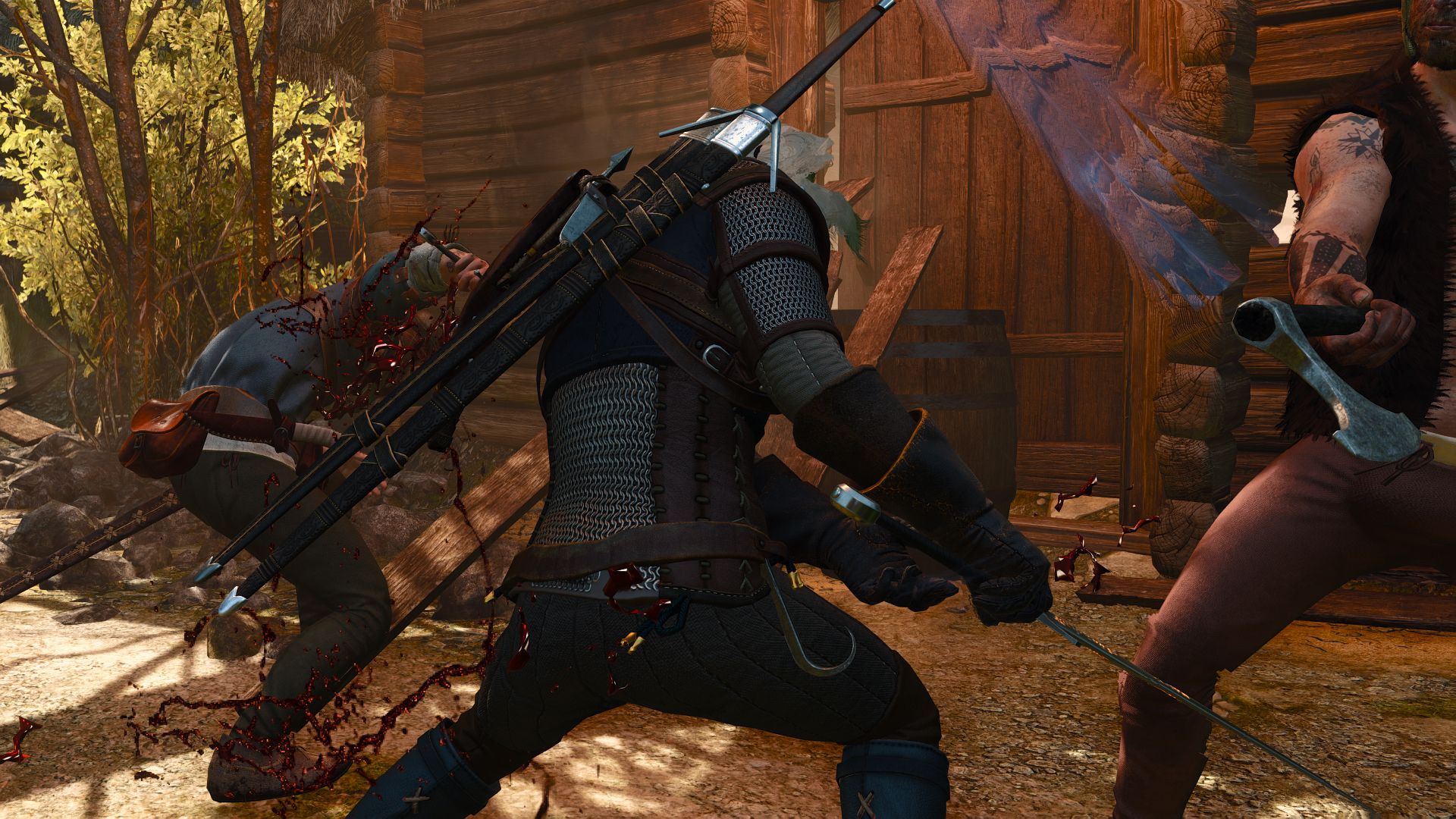 Geralt dodges under an axe swing while a bandit staggers from a slash.