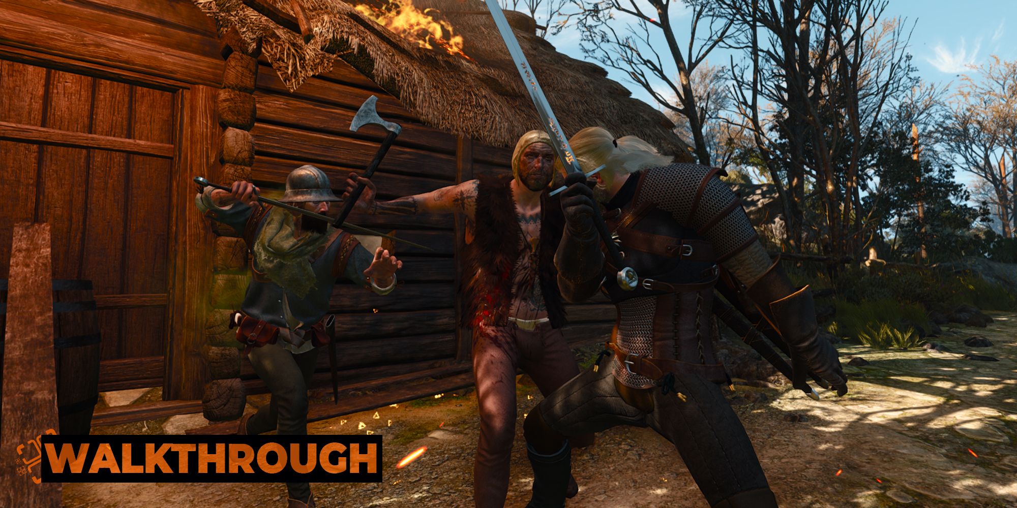 Geralt shoves a bandit away with his shoulder while another dashes towards him from a burning house.